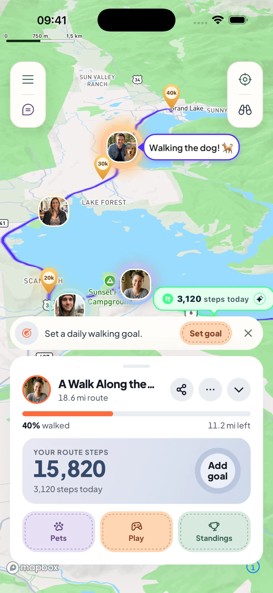A shared route in Kanatago: friends’ photos placed along the map, one with the status Walking the dog, and the route card showing 40% walked