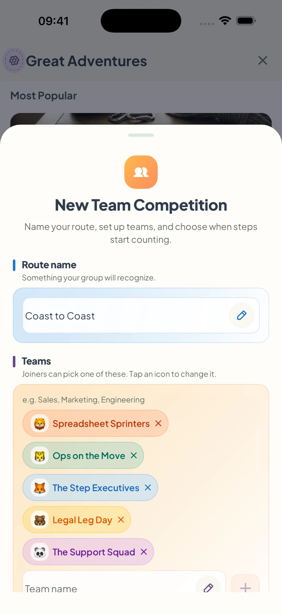 Setting up a new team competition in Kanatago: the route Coast to Coast with five teams, each with its own animal icon